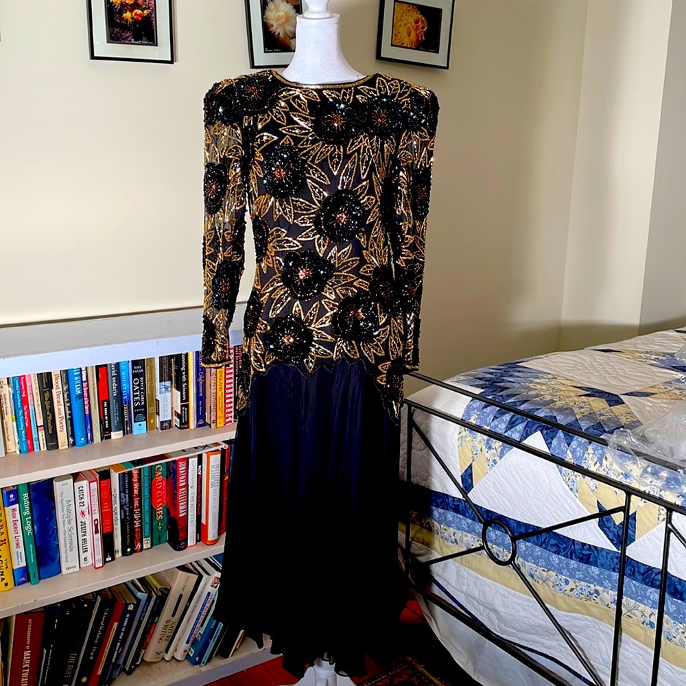 Morgan Taylor Black and Gold Cocktail Gown with Long Sleeves